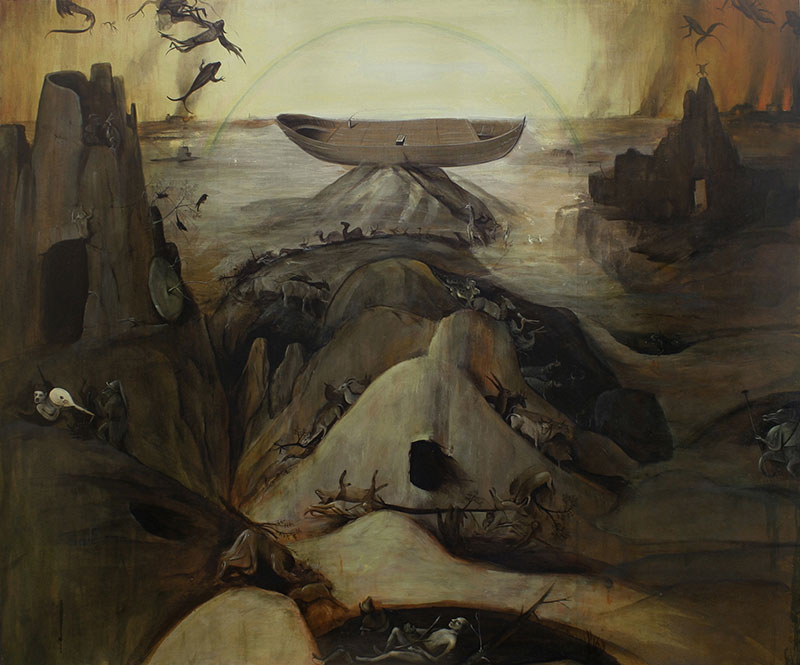 Flood-Hell, versión comprimida de las Tablas del diluvio y del Infierno ca. 1515, Hieronimus Bosch (Róterdam, Museo Boijmans Van Beuningen) 2014 Técnica mixta sobre tabla, encolada a bastidor de pino, 70 x 90 cm aprox.